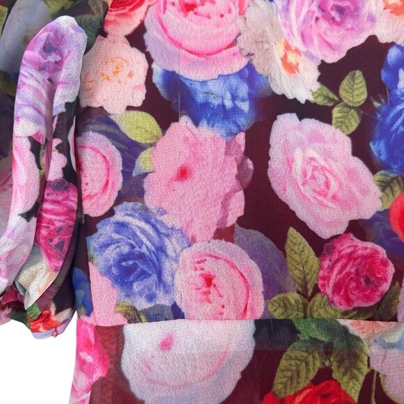 Ieena Mac Duggal Floral Puff Sleeve Tie Slit Romantic Midi Dress Pink Red Size 0 - Picture 9 of 15